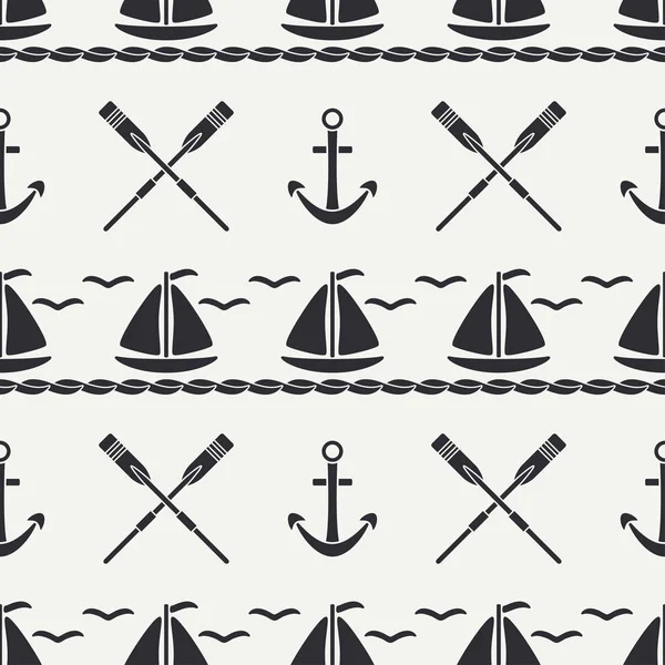 扁线单色矢量无缝图案远洋艇, 帆, 桨, 锚。卡通复古风格。赛.海鸥.暑假旅行。游艇.插图和元素的设计壁纸 — 图库矢量图片