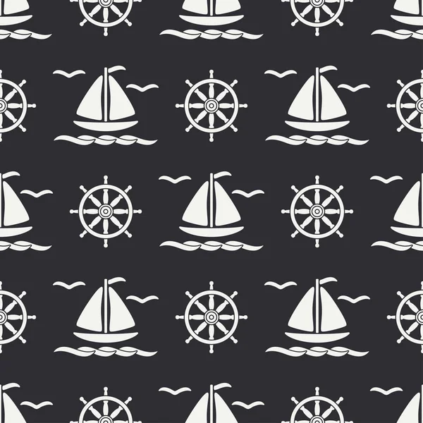 Linha plana vetor monocromático sem costura barco oceano padrão, vela, volante. Estilo retrô dos desenhos animados. Regata. Gaivota. Férias. Iate. Arte. Ilustração e elemento para o seu papel de parede design . —  Vetores de Stock