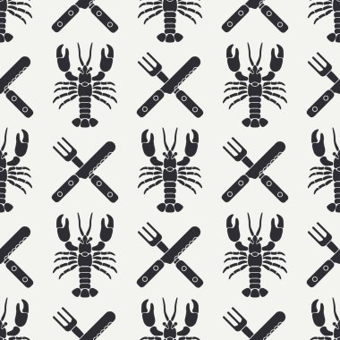 Düz çizgi vektör seamless modeli ıstakoz, çatal bıçak, çatal, bıçak. Basitleştirilmiş retro. Karikatür tarzı. Kanser. Omar. Deniz ürünleri incelik. Kabuk. Pençe. Kabuklu. Gösterim amacıyla tasarım ve duvar kağıdı.
