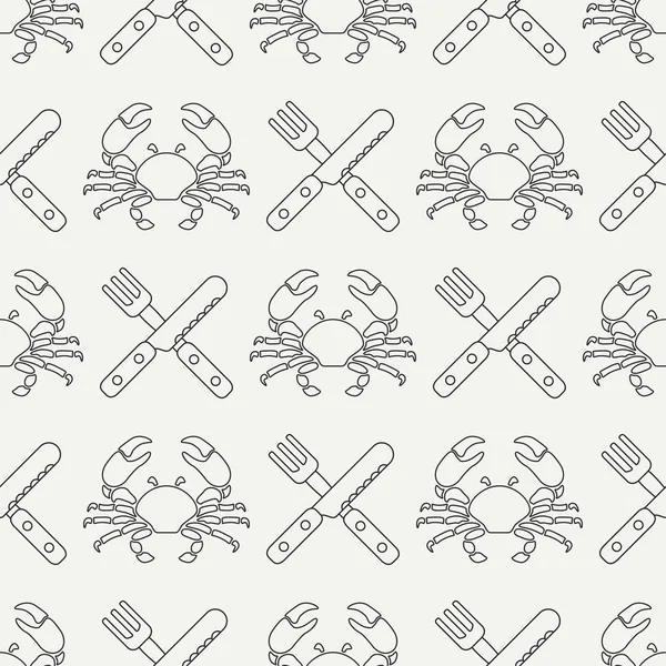 Crabe à motif sans couture vectoriel plat, couverts, fourchette, couteau. Rétro simplifié. Cartoon style. Le cancer. Omar ! Délicatesse aux fruits de mer. Coquille. Griffe. Crustacés. Illustration pour votre design et papier peint . — Image vectorielle