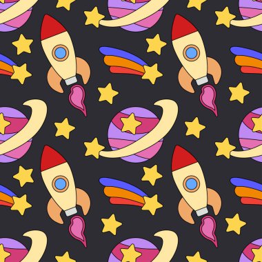 Renksiz uzay aracı deseni. Çocuklar gelecekçi galaksi karalaması. Hayal gücü uzay roketi, astronot macera rüyası, yıldız uydusu, kuyruklu yıldız. Tatil tematik kağıt ambalajı tasarım illüstrasyonu.