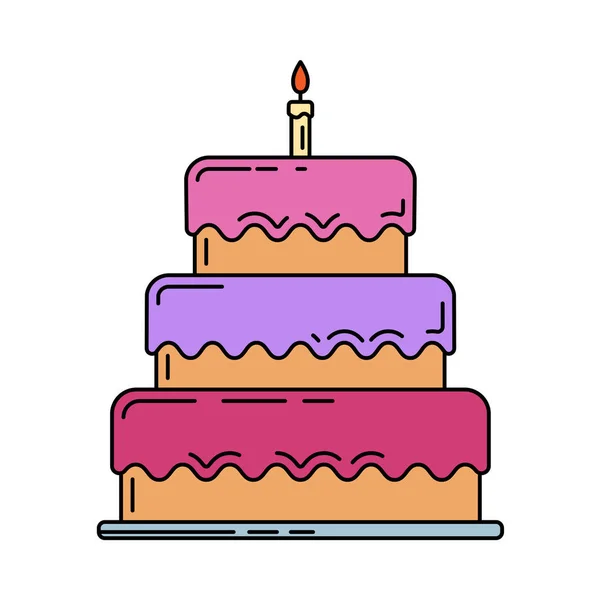 Torta de cumpleaños de línea, pastel con icono de vela. Feliz cumpleaños. Fiesta de celebración, evento de vacaciones, carnaval icono elemento fiesta. Diseño de color vectorial. Ilustración objeto vintage. Símbolos de felicitación . — Archivo Imágenes Vectoriales