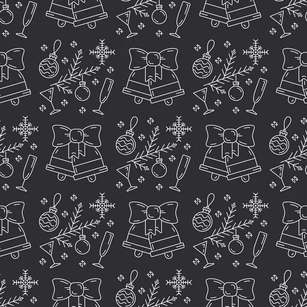 Merry Christmas Happy New Year 2019 season color seamless pattern. Vector retro linear illustration. Party celebration, winter holidays event, carnival element. Monochrome style decorations background — Stock Vector