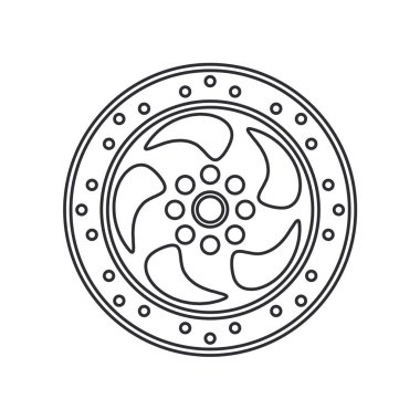 Çizgi vektör simgesi otomatik moto parçaları aksesuar fren diski. Tamir ekipmanları. Motor elementleri kataloğu. Eski bir araç sembolü. Motosiklet tamircisi. Ulaşım. Grafiksel öge işareti.