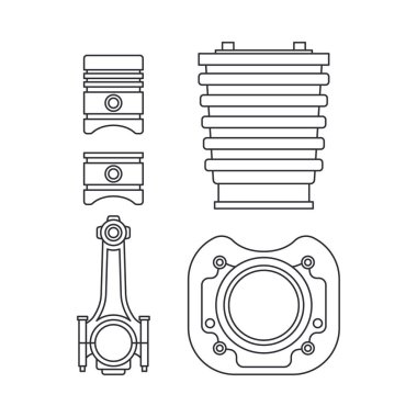 Line vector icon set auto moto parts accessories piston, crankshaft. Repair service equipment. Engine elements shop catalog. Vintage vehicle symbol. Motorcycle mechanic design element for background.