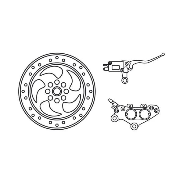 Линия вектора иконки авто мотозапчасти аксессуары тормозной цилиндр диска. Оборудование для ремонта. Каталог элементов двигателя. Винтажный символ автомобиля. Механик мотоцикла. Транспорт. Графический элемент . — стоковый вектор