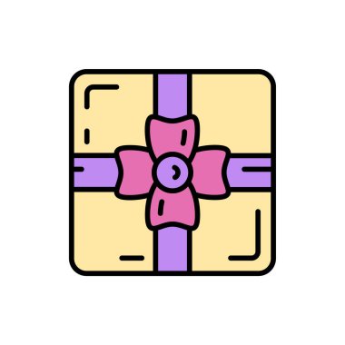 Kurdele ikonlu çizgi hediye kutusu. Hediye, hediye kutusu. Parti kutlaması, tatil etkinliği, karnaval partisi ikonu. Çocukların mutluluğu. Ucuzluk mağazası paketi. Vektör rengi illüstrasyon vintage nesnesi.