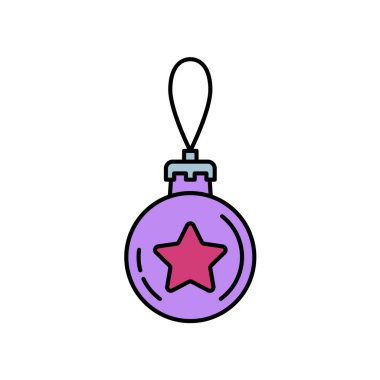 Noel ağacı süslemesi cam toplar çizgisi simgesi. Tatil Xmas kış modası dekorasyon geçmişi. Parti kutlaması, tatil etkinliği, karnaval unsuru. Vektör renk tasarımı illüstrasyon vintage nesnesi