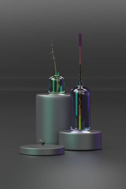 Üç boyutlu yeşil cam parfüm kavanozunu podyumda çiçeklerle hazırlıyorum.