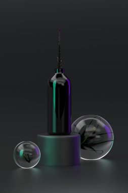 3D siyah şişe kozmetik parfüm kavanozunu podyumda cam kasede çiçeklerle hazırlıyorum.