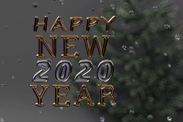 Frohes neues Jahr 2020 geschrieben Gold und Silber Ballon mit Glaskugel auf Christbaumhintergrund. 3D-Darstellung. — Stockfoto
