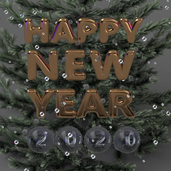 Ευτυχισμένο το νέο έτος 2020 γραμμένο χρυσό και ασημένιο μπαλόνι με γυάλινη μπίλια στο φόντο του δέντρου των Χριστουγέννων. 3d απόδοση. — Φωτογραφία Αρχείου