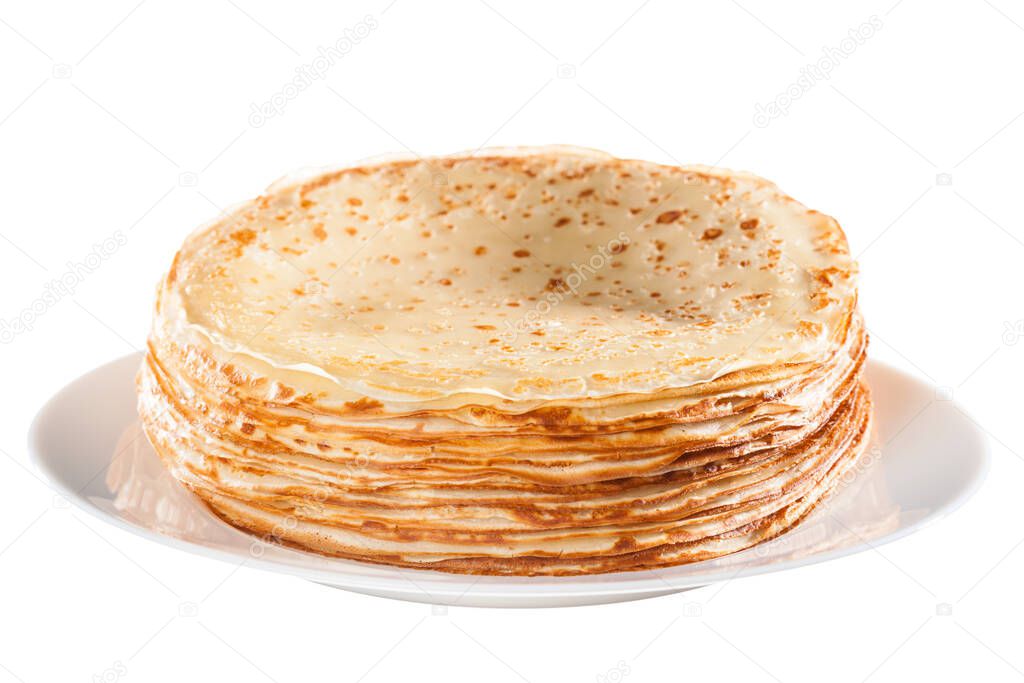 Thin pancakes on a plate isolated on white background
