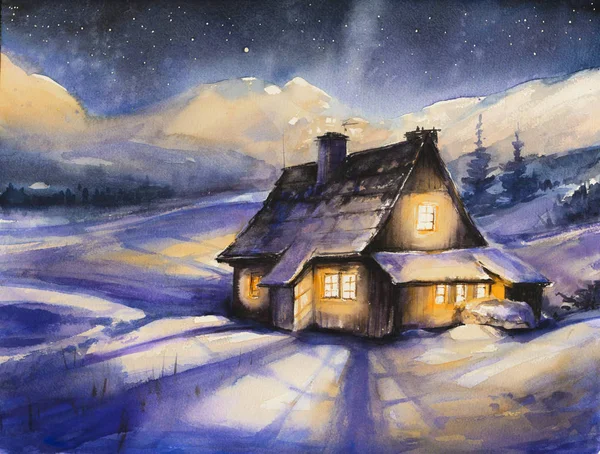 겨울 산에 있는 목조 주택. — 스톡 사진