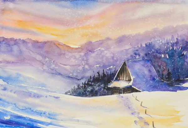 Ξύλινο Σπίτι Στα Βουνά Του Χειμώνα Εικόνα Που Δημιουργούνται Ακουαρέλες — Φωτογραφία Αρχείου
