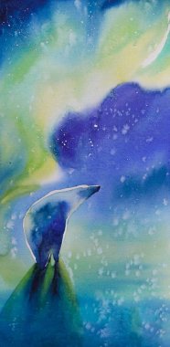 Kutup ayısı ile aurora borealis arka plan resmini boyalı suluboya.