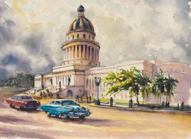 Eski klasik Amerikan otomobil sürmek suluboya ile oluşturulan Havana,Cuba.Picture Capitol'de önünde.