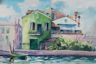 Mazzorbo Adası'nın sahildeki güneşli bir gün. Venedik, Italy.Picture suluboya ile yaratılmıştır..