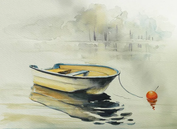 湖や自然と調和した川で釣りボート 水彩絵の具で作成された図 — ストック写真