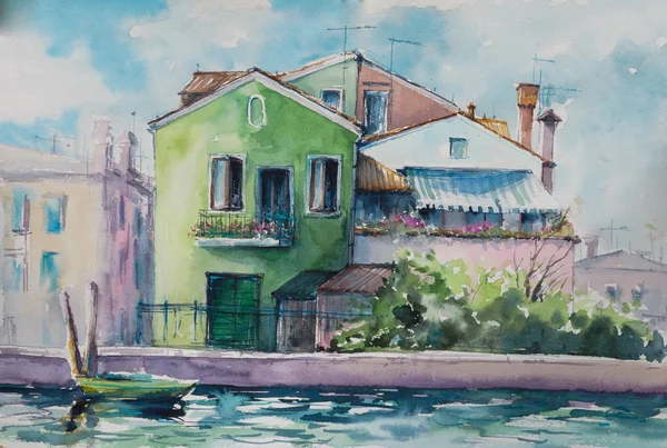 Sunny Day Waterfront Mazzorbo Island Venice Italy Picture Created Watercolors — Stock Photo, Image