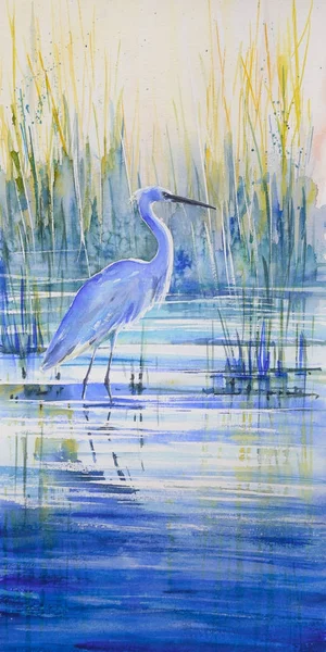 Modrá Heron Břehu Jezera Při Západu Slunce Obrázek Vytvořený Akvarely — Stock fotografie
