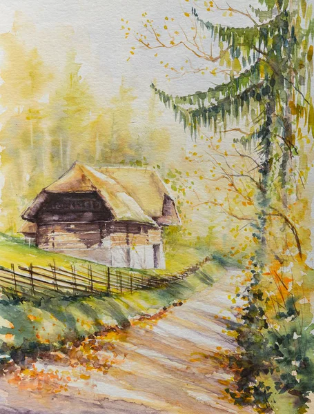 Watercolor Countryside Landscape Old House Close Road — Stock Photo, Image