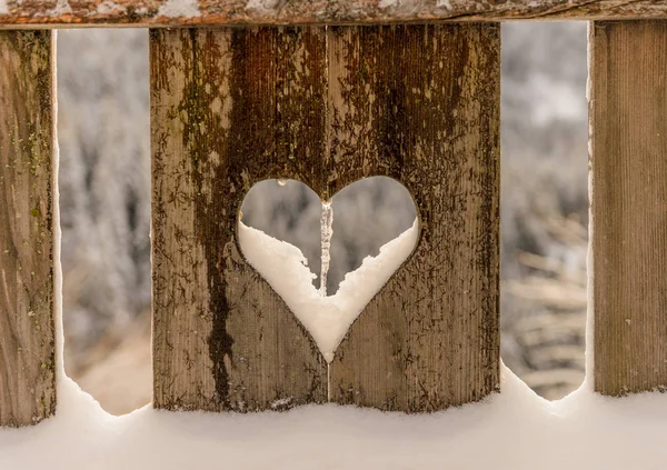 Μέρος Του Ξύλινο Φράχτη Σχήμα Καρδιάς Που Καλύπτεται Χιόνι — Φωτογραφία Αρχείου