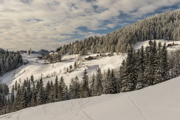 Verschneite Winterliche Landschaft Mit Solcava Panoramastraße Logarska Dolina Slovenia Beliebtes — Stockfoto