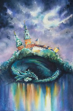 Dragon, Wawel Kalesi altında uyku Lehçe şehir Krakow sembolüdür. Suluboya ile oluşturduğunuz resmi.