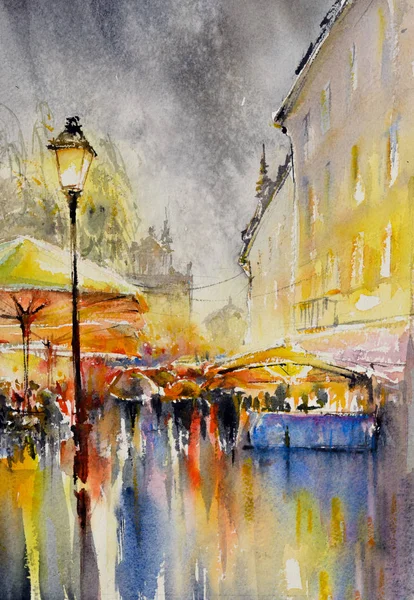 City Rain People Umbrellas Reflections Wet Street Picture Created Watercolors — Stock Photo, Image