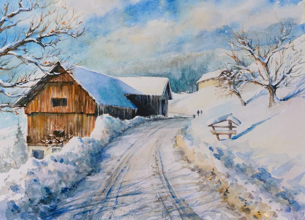 Akwarele Oryginalne Malarstwo Zima Góry Krajobraz Farmy Pokryte Śniegiem — Zdjęcie stockowe