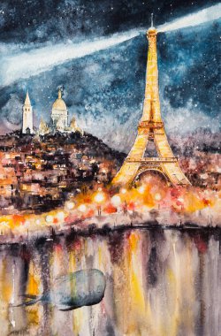 Sürrealizm Illustration Paris Eyfel Kulesi ile gece deniz feneri olarak. Suluboya ile oluşturduğunuz resmi.