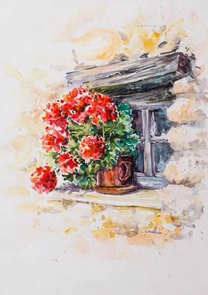 Pot Geraniums Window Historic Stone Building Picture Created Watercolors — Stock Photo, Image