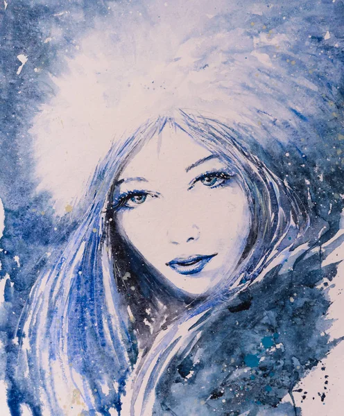 冬を描いた若い女性の顔 水彩絵の具で作成された図 — ストック写真