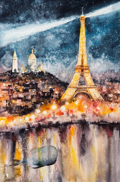 Surrealism Illustration Paris Night Eiffel Tower Lighthouse Picture Created Watercolors — Stock Photo, Image