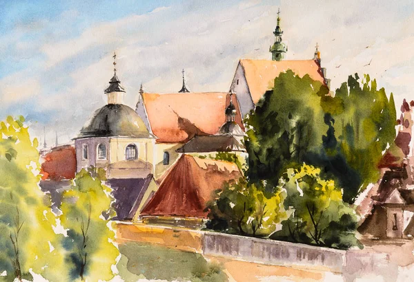 Vista Cidade Velha Lublin Polônia Imagem Criada Com Aquarelas Natureza — Fotografia de Stock