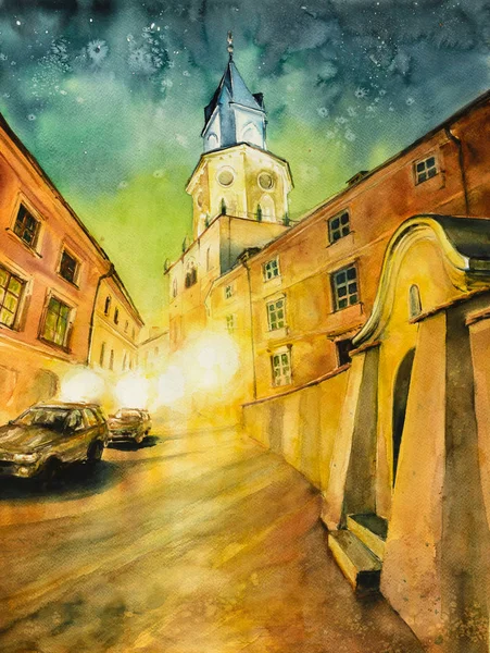 Lublin Eski Şehir Suluboya Ile Oluşturulan Poland Picture Gece Trinity — Stok fotoğraf