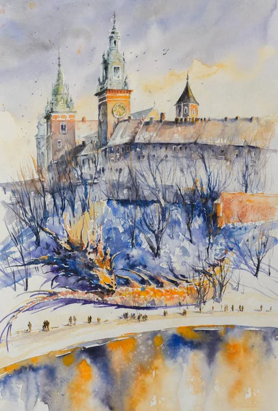 드래곤 폴란드어 크라쿠프 Wawel 성곽에서 사진을 수채화로 — 스톡 사진