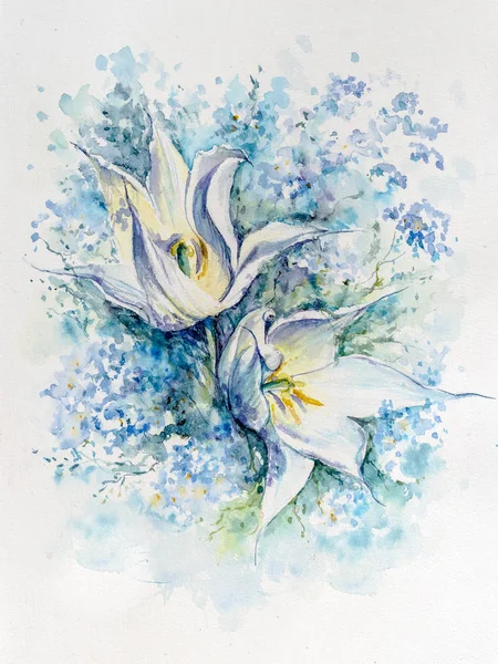 Dva Bílé Tulipány Pomněnka Bílém Pozadí Obrázek Vytvořený Akvarely — Stock fotografie