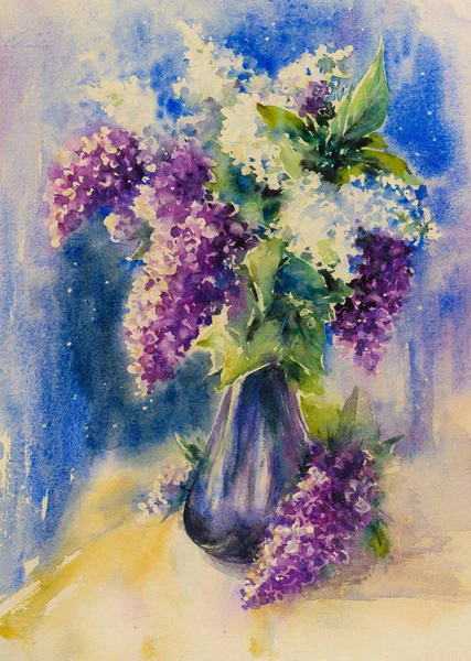 花瓶をテーブルの上に 白と紫のライラックの花束 水彩絵の具で作成された図 — ストック写真