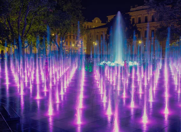 夜カラフルな噴水は Inlublin 公園を表示します 鮮やかな色の泉の水 — ストック写真