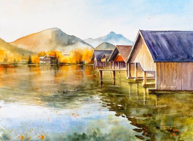 Göldeki yat iskelesinde. Grundlsee Gölü 'nde puslu bir sabah: tatil köyü Grundlsee, Styria, Avusturya' nın Liezen Bölgesi, Alpler. Avrupa. Resim suluboya ile yaratıldı.