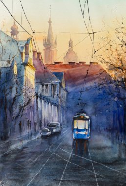 Gün batımında Krakow, Polonya 'da Mariacki kilisesi ile mavi tramvay. Resim suluboya ile oluşturuldu.