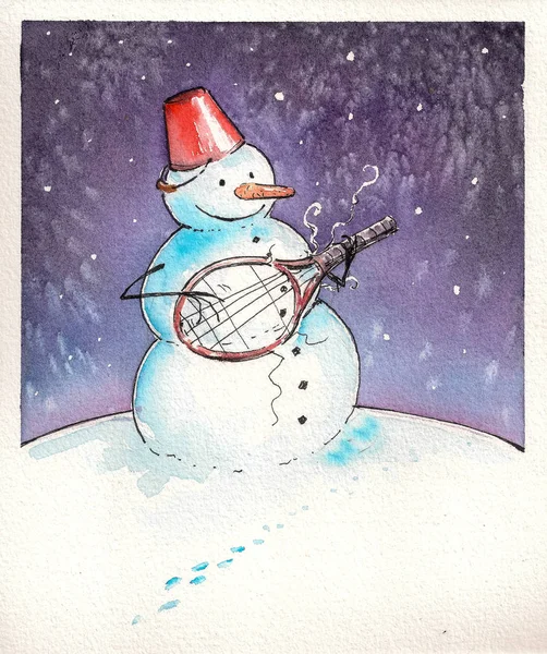Weihnachtsgrußkarte Mit Schneemann Der Ein Instrument Spielt Bild Mit Aquarellen — Stockfoto