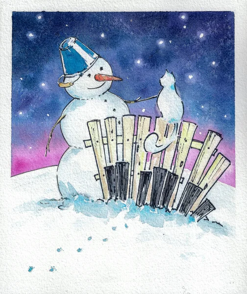 Christmas Greeting Card Snowman Playing Instrument Picture Created Watercolors — Stock Photo, Image