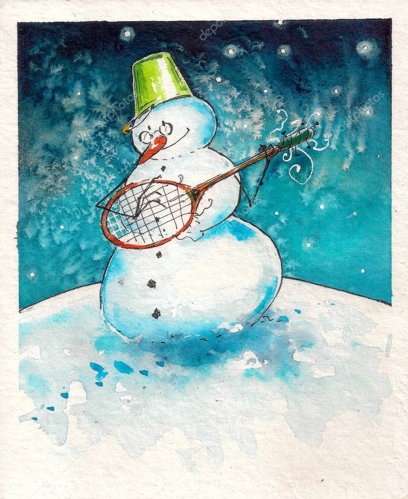 Christmas greeting card with snowman playing an instrument. Picture created with watercolors.