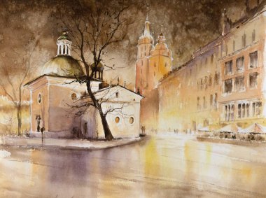 Krakow Ana Meydanı'nda St Wojciech Kilisesi. Krakow, Malopolskie, Polonya. Resim suluboya ile oluşturulan.