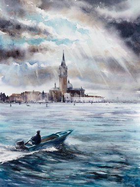Venedik deniz manzaralı kağıt üzerinde suluboya manzara resmi. Tekne ön planda ve San Giorgio Maggiore adasında. Arka planda dramatik bir gökyüzü var..