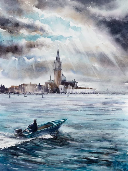 Akvarel Krajiny Původní Malba Papíře Benátek Výhled Moře Loď Popředí — Stock fotografie