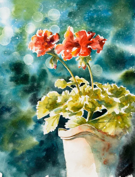 Red Geranium flowers in pot against green background. Picture created with watercolors.